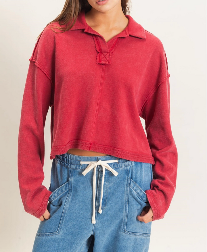 Mineral Wash Textured Collar Top