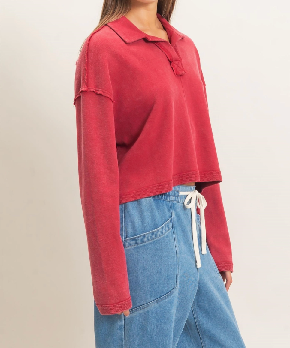 Mineral Wash Textured Collar Top