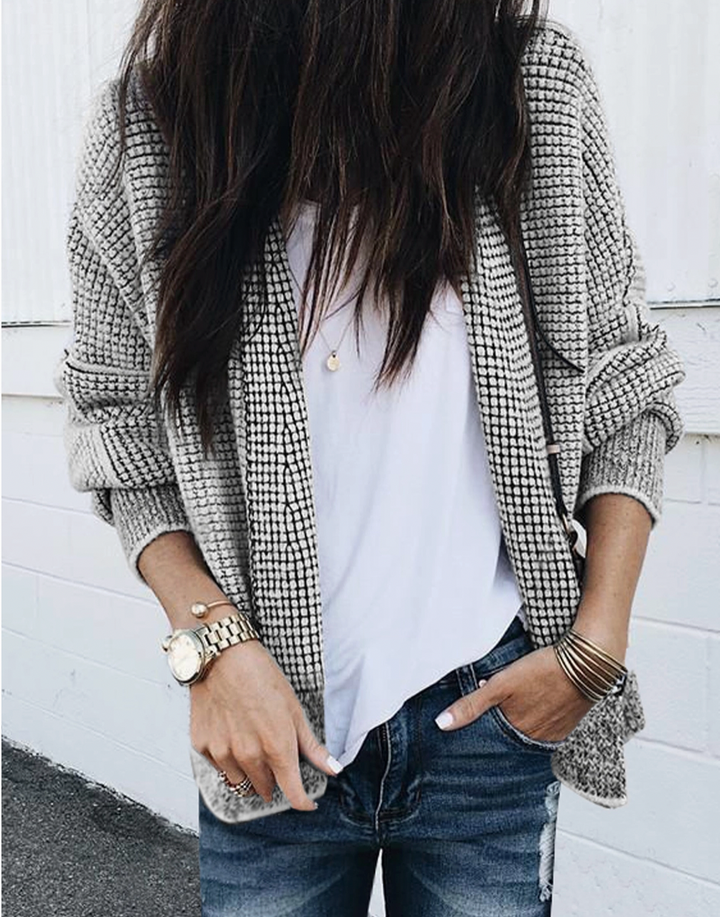 Plaid Contrast Trim Open Front Cardigan