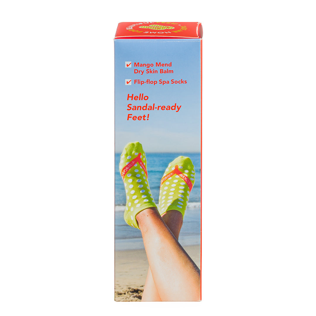 California Mango California Dreaming Foot Spa Kit box showing flip-flop spa socks on beach background