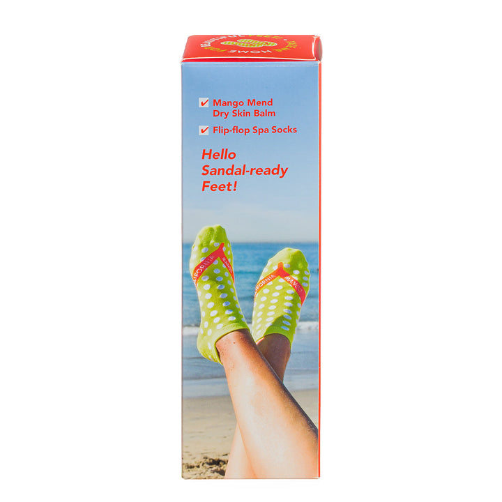 California Mango California Dreaming Foot Spa Kit box showing flip-flop spa socks on beach background