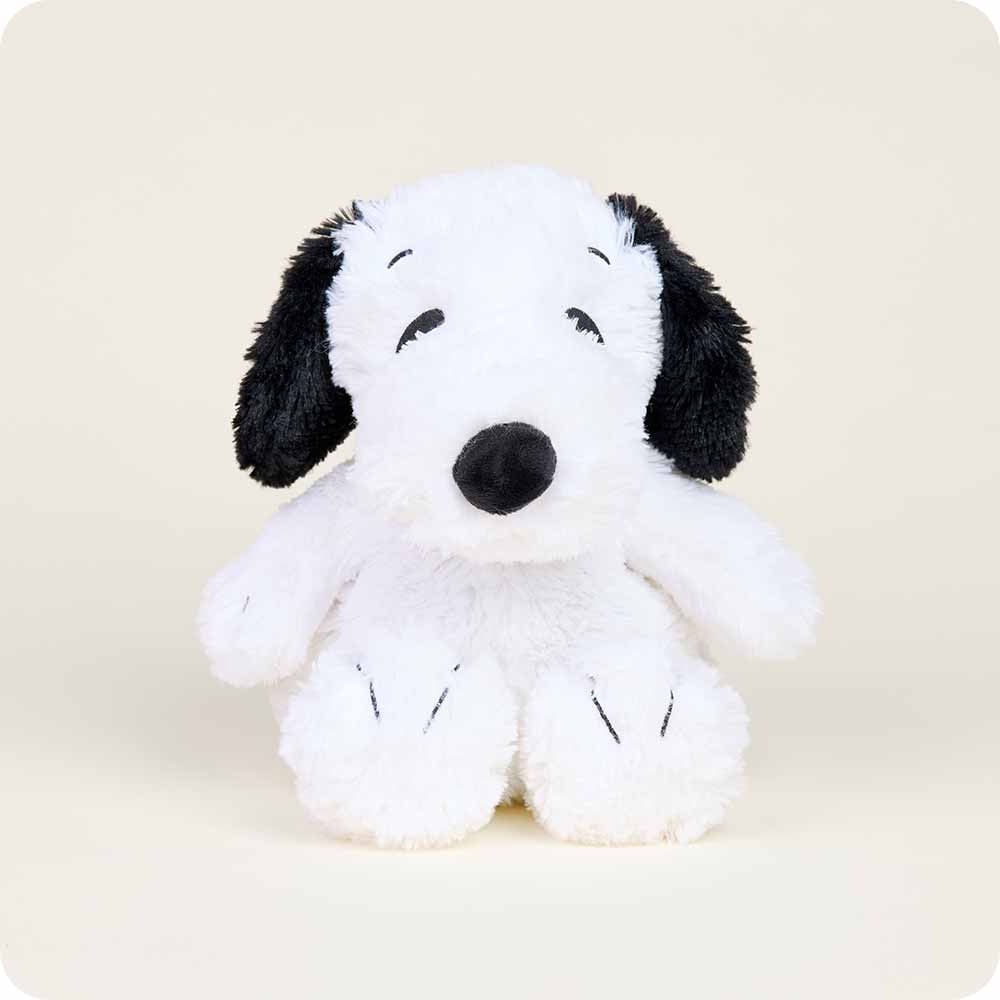 White Warmies Snoopy plush toy with black ears and nose on clean background