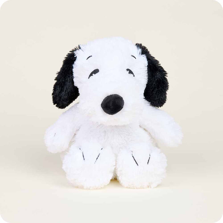 White Warmies Snoopy plush toy with black ears and nose on clean background
