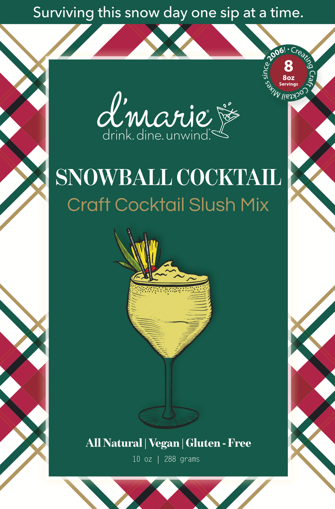 D'Marie Snowball Cocktail craft cocktail slush mix package in festive winter themed design