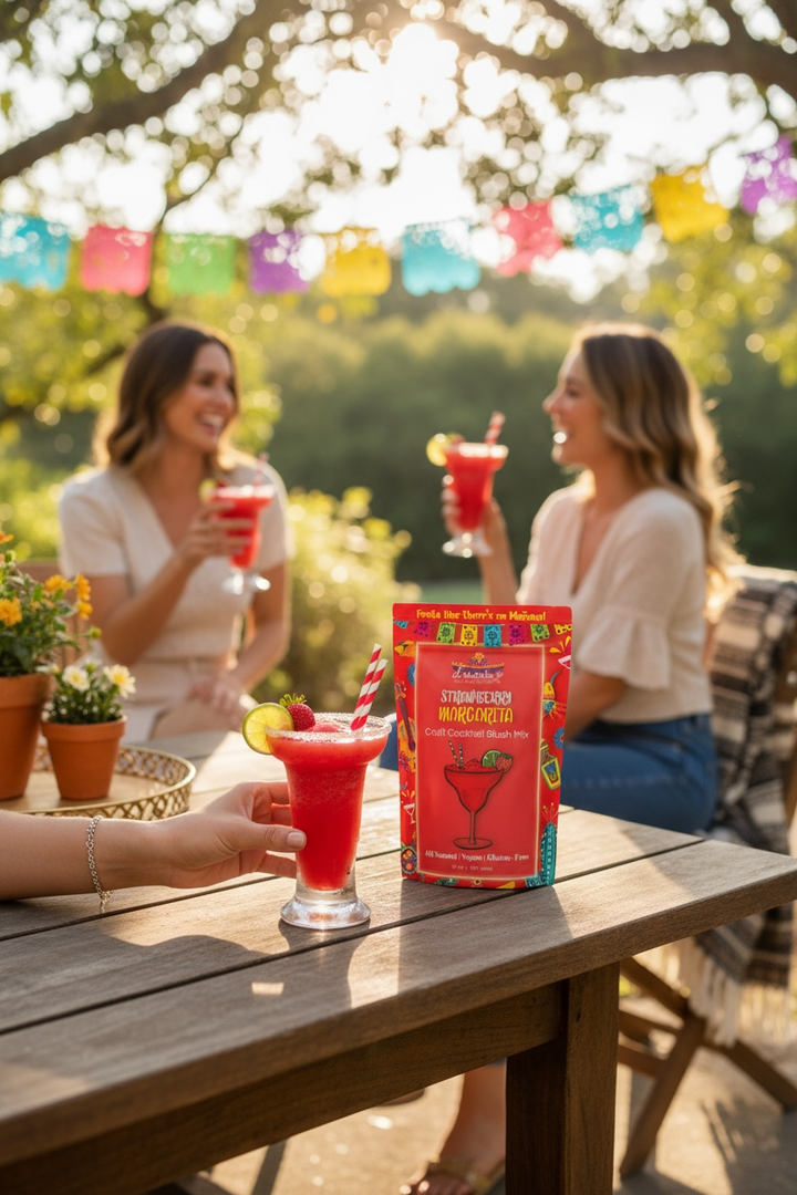 D'Marie Strawberry Margarita cocktail mix package with prepared red drinks in outdoor setting