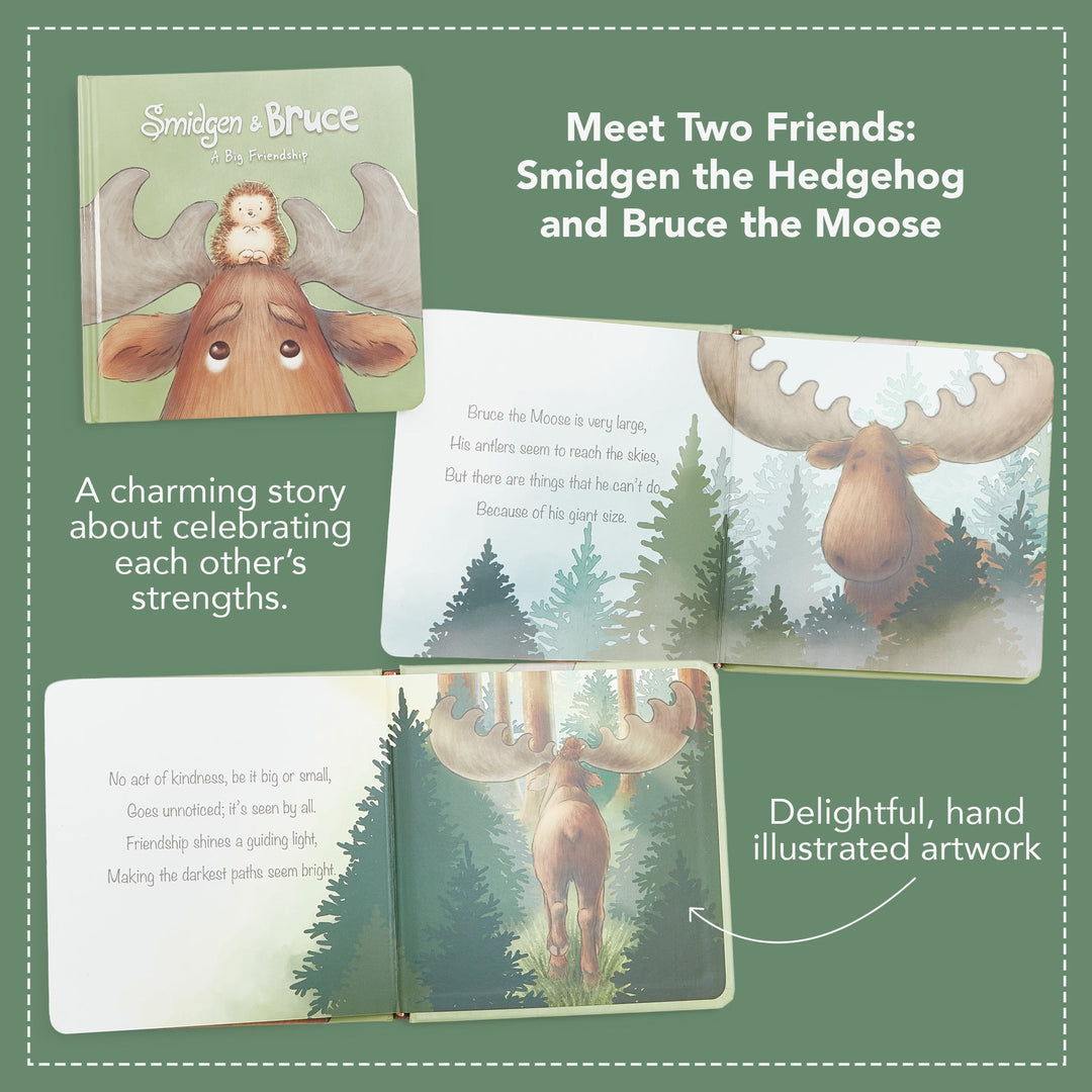 Smidgen and Bruce A Big Friendship board book showing hedgehog and moose characters with forest illustrations