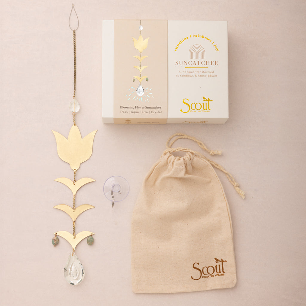 Scout Blooming Flower Suncatcher with gold brass elements, crystal drops, and packaging