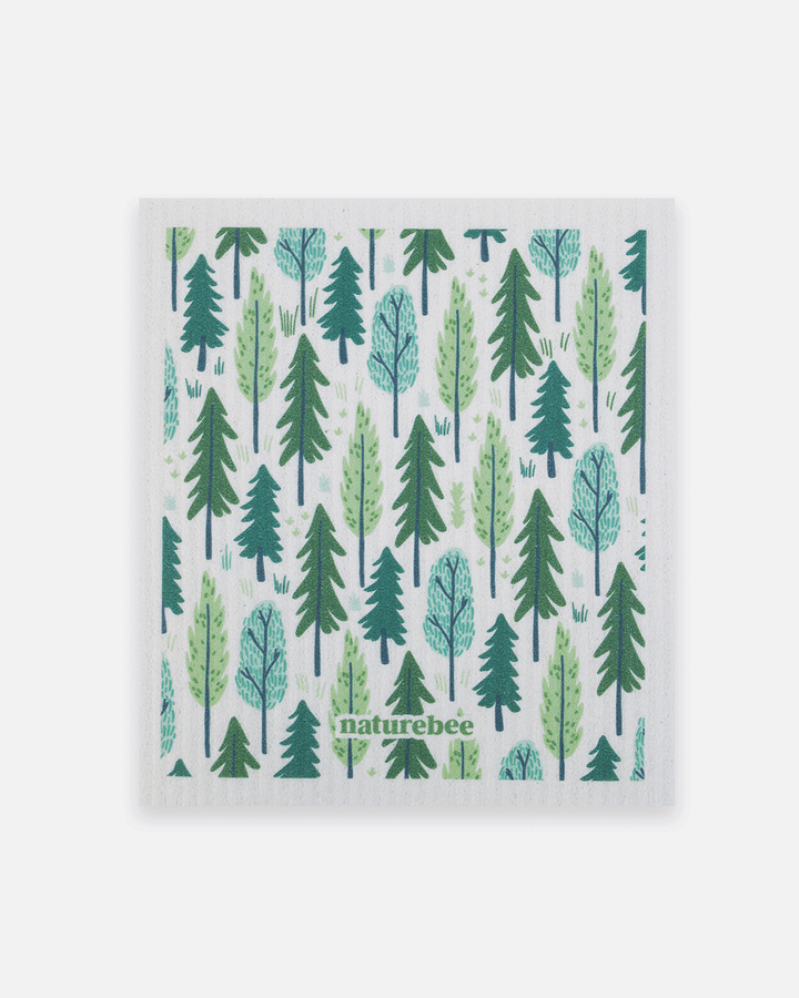 Nature Bee dish cloth with green forest tree pattern on white background