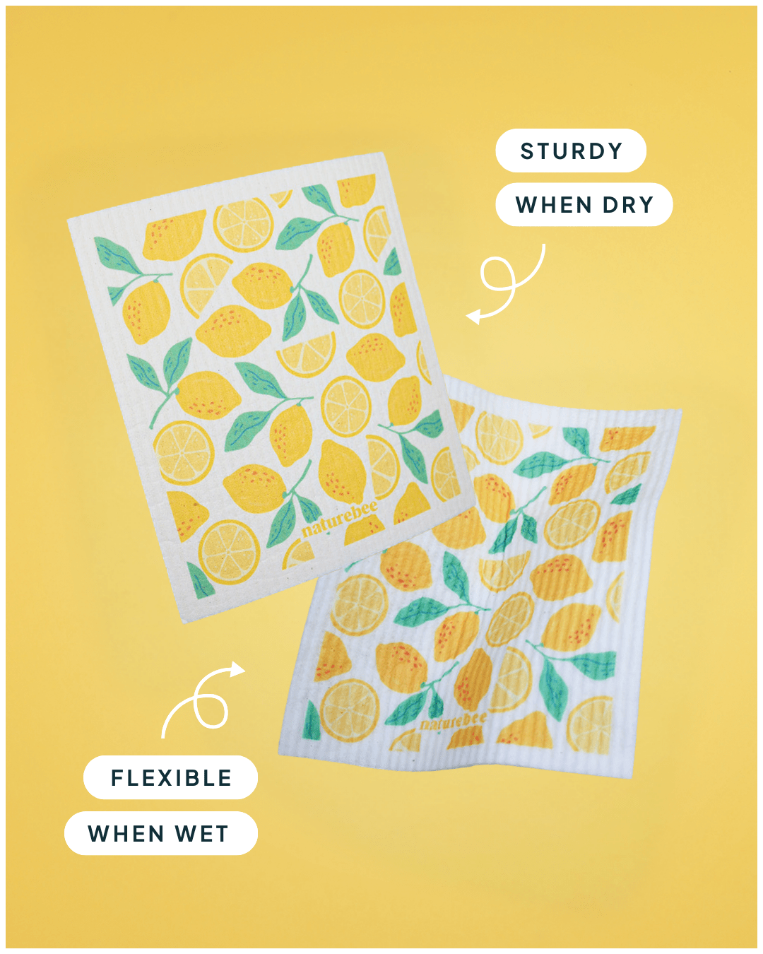Nature Bee dish cloths with yellow lemon and green leaf pattern, showing dry and wet flexibility