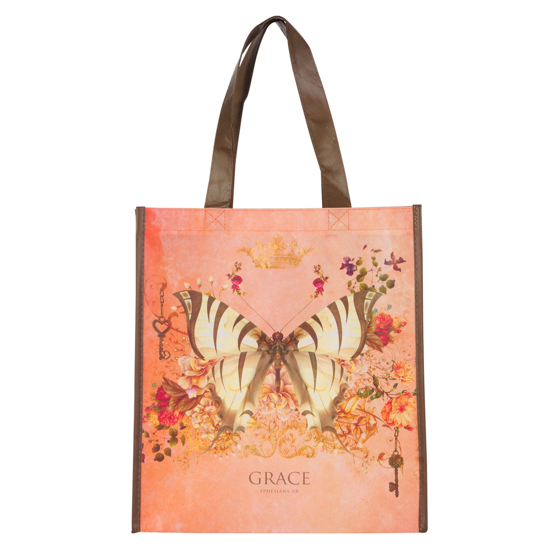 Christian Art Gifts Grace tote bag featuring butterfly design on coral background with brown handles