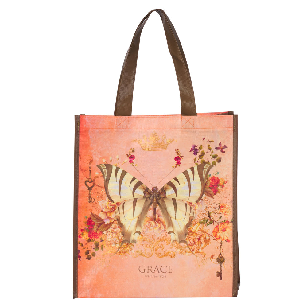 Grace Ephesians 2:8 tote bag featuring butterfly design on coral background with flowers