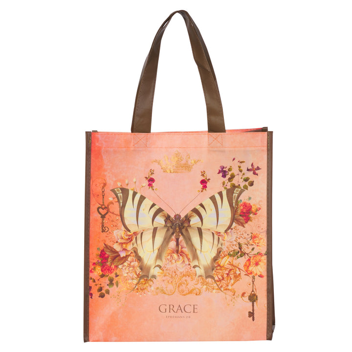 Grace Ephesians 2:8 tote bag featuring butterfly design on coral background with flowers