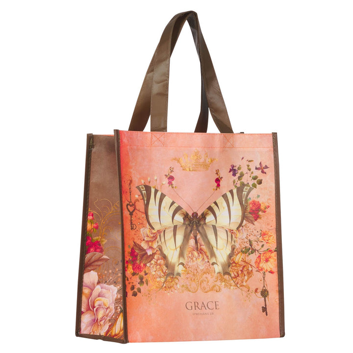 Christian Art Gifts Grace tote bag with butterfly, flowers, and crown design