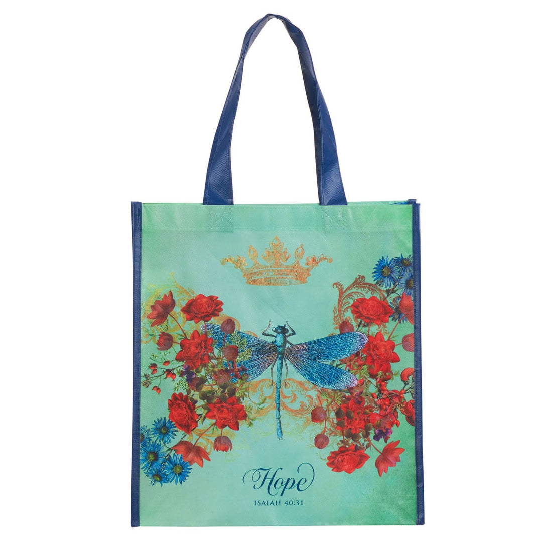 Christian Art Gifts Hope tote bag with turquoise background, dragonfly, roses, and Isaiah 40:31 text
