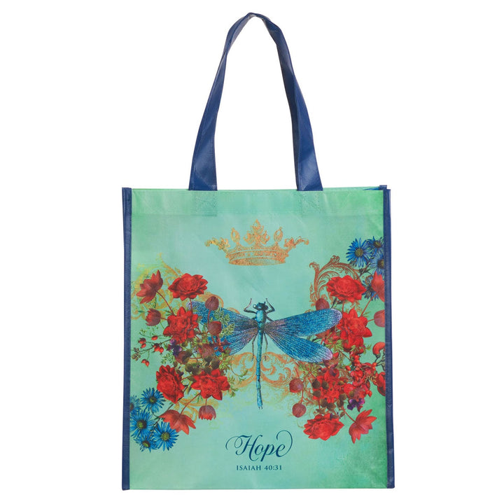 Christian Art Gifts Hope tote bag with turquoise background, dragonfly, roses, and Isaiah 40:31 text