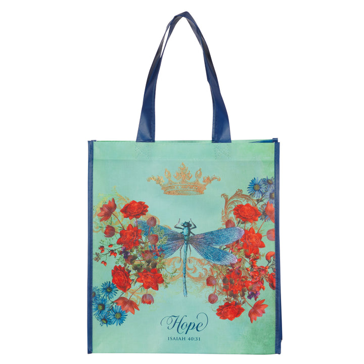 Mint green tote bag featuring dragonfly, red flowers, gold crown, and Hope Isaiah 40:31 text