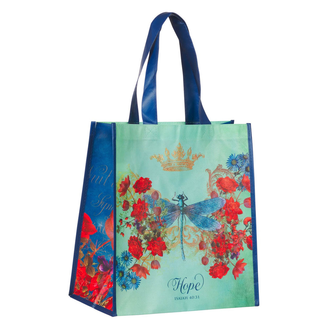 Christian Art Gifts tote bag with Hope Isaiah 40:31 text, dragonfly and floral design