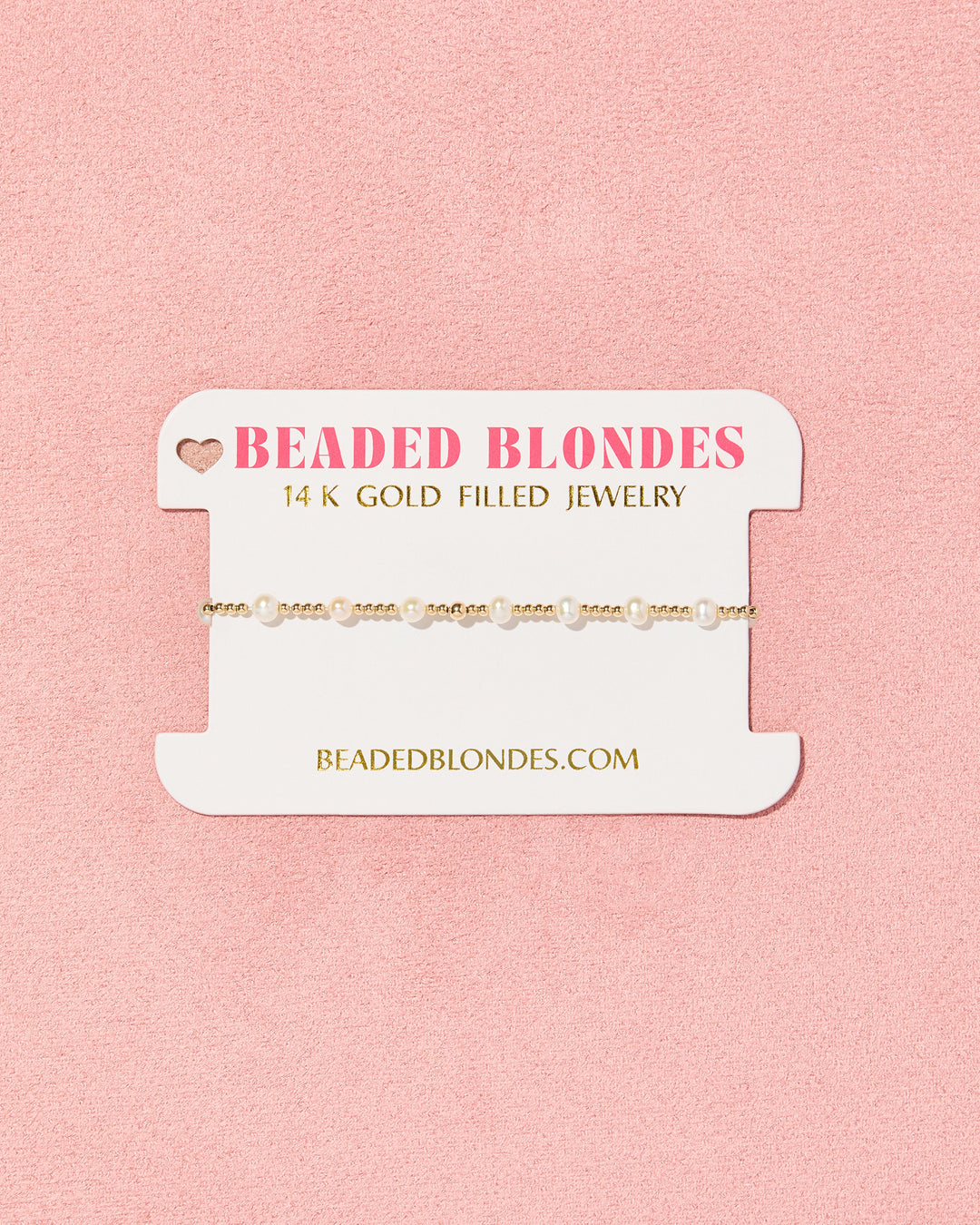 Beaded Blondes June Pearl Bracelet in gold with alternating pearl and gold beads on branded card