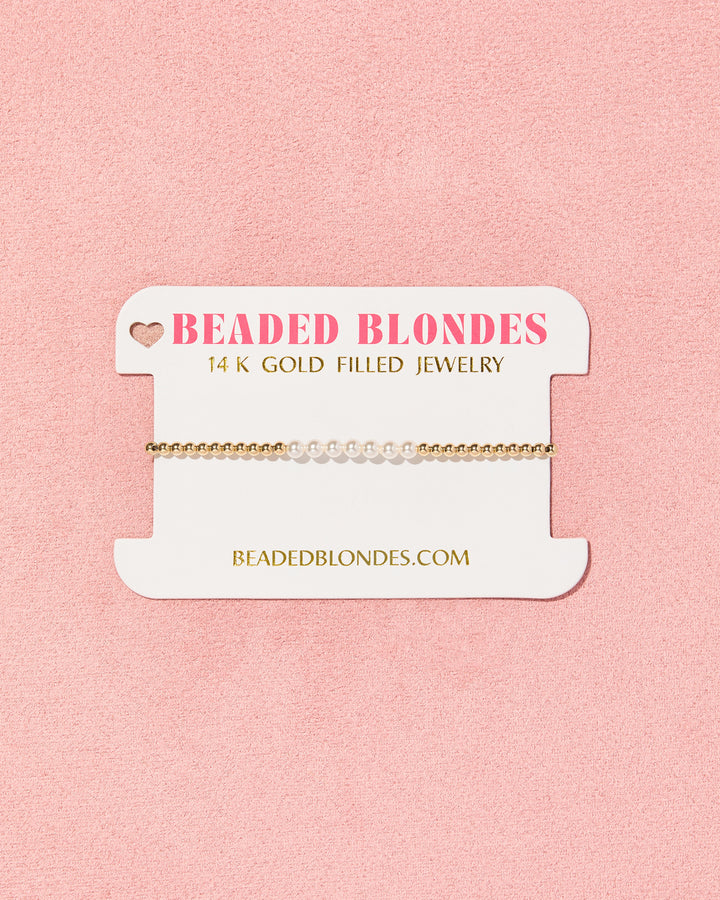 Beaded Blondes Sophia Pearl Bracelet in gold with pearl beads on branded jewelry card