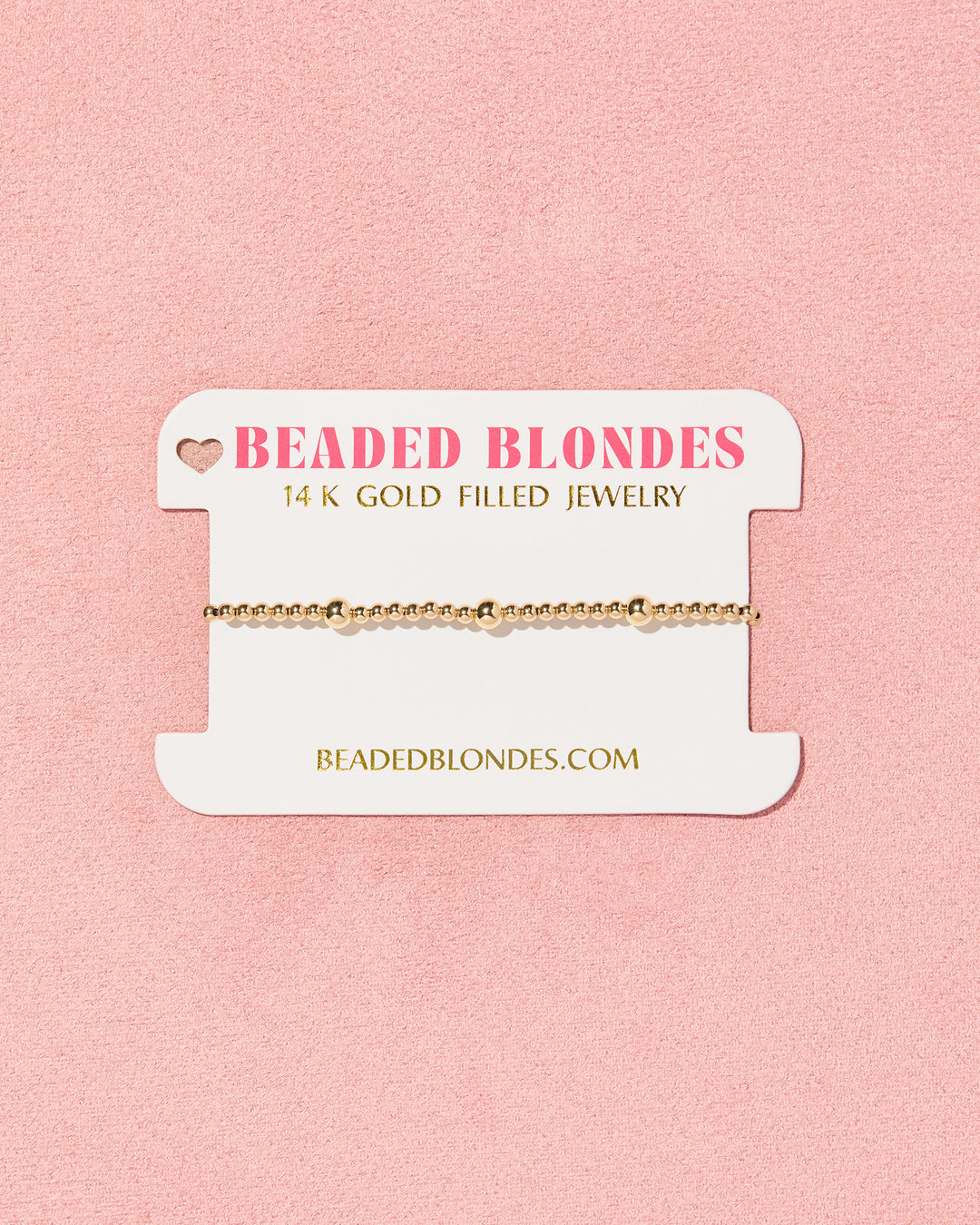 Beaded Blondes Olive Bracelet in 14K gold filled beads on branded jewelry card