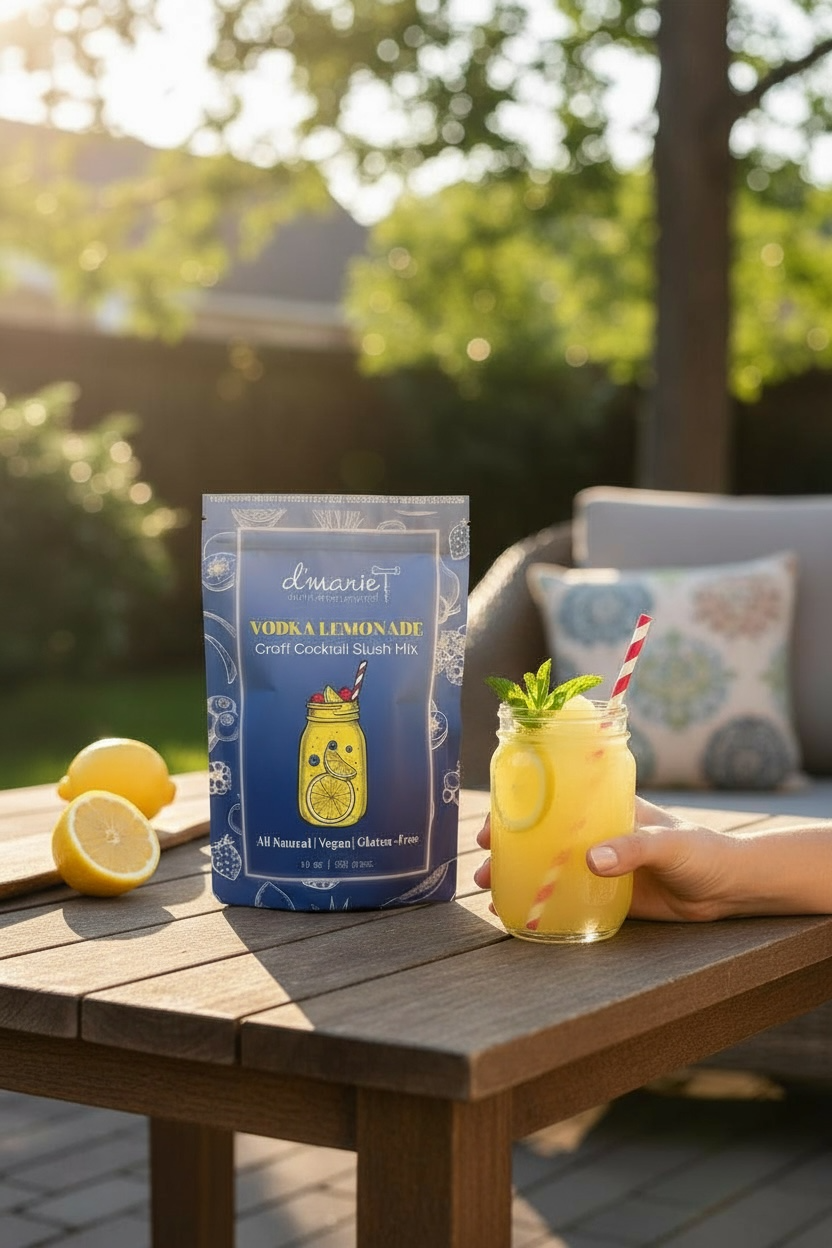 D'Marie Vodka Lemonade Craft Cocktail Slush Mix in blue packaging with prepared yellow drink