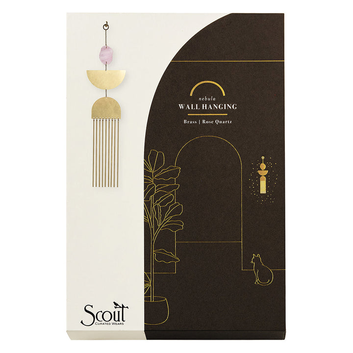 Scout Nebula wall hanging with brass geometric shapes, rose quartz bead, and fringe tassels