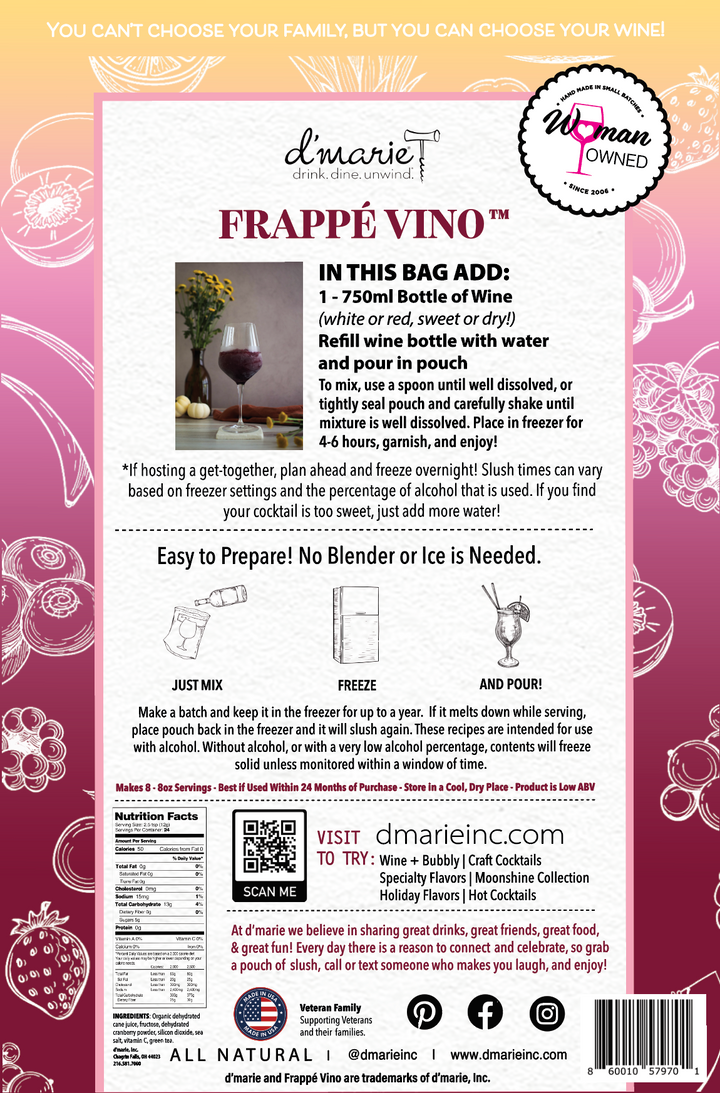 D'Marie Frappé Vino cocktail mix bag with instructions and pink gradient design