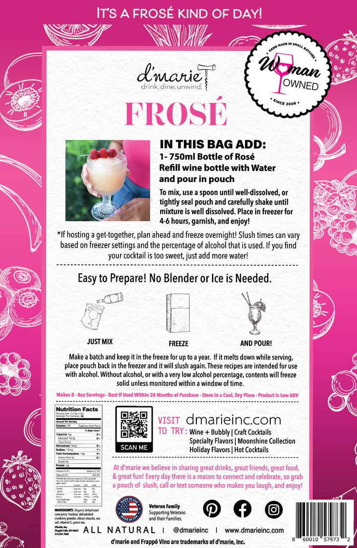D'Marie Frosé cocktail mix bag with pink packaging and preparation instructions