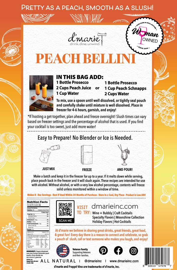 D'Marie Peach Bellini cocktail mix bag with recipe instructions and brand logo