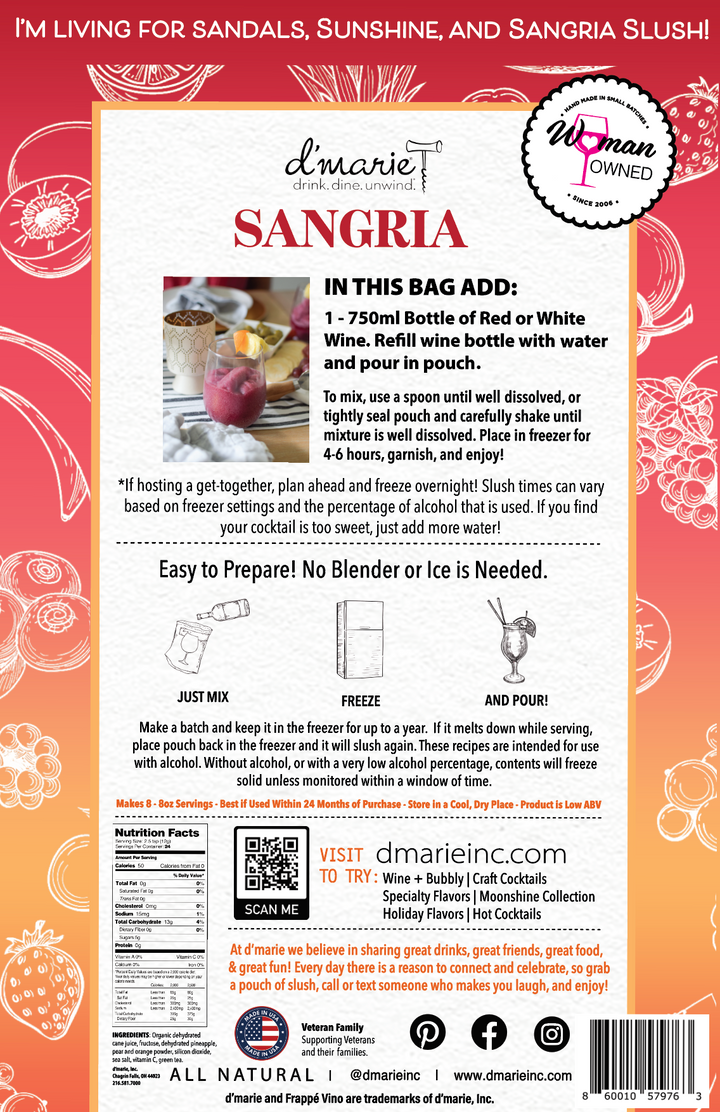 D'Marie Sangria cocktail mix bag packaging with preparation instructions and branding