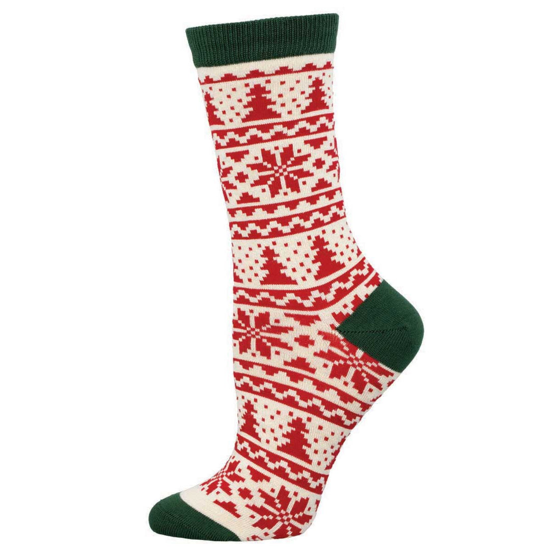 Socksmith Christmas Fair Isle crew socks in ivory with red Nordic pattern and green accents