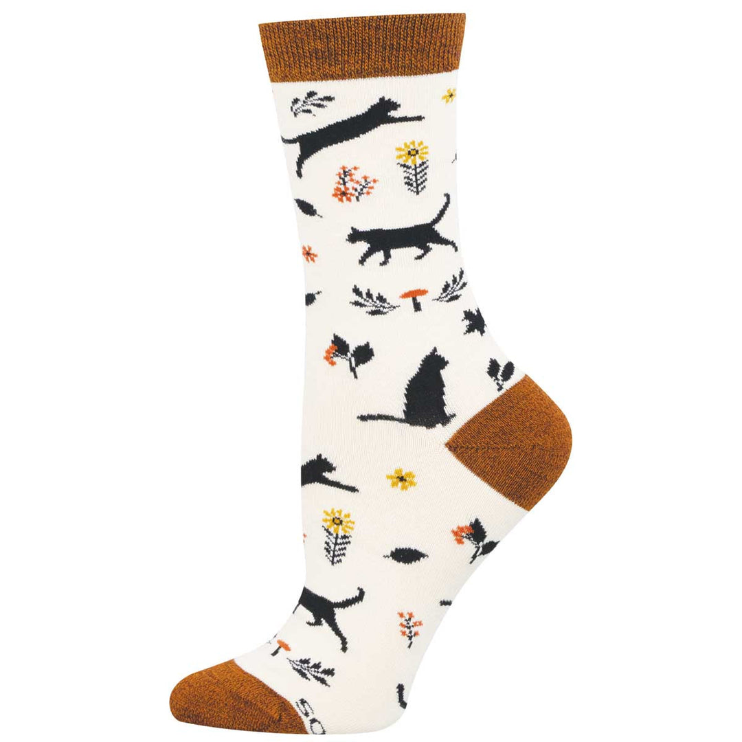 Socksmith Garden Cat crew socks in ivory with black cat silhouettes and floral pattern