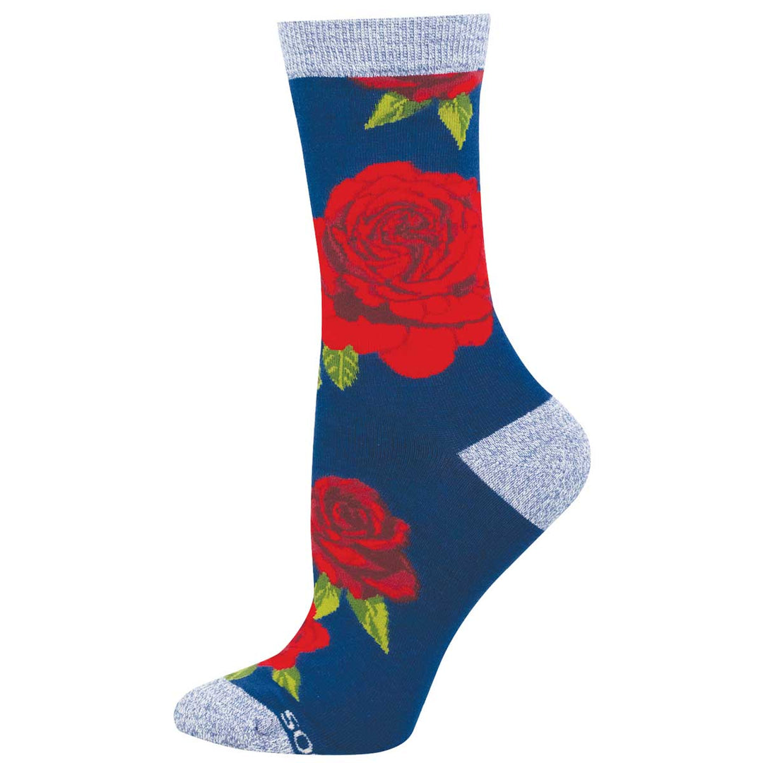 Socksmith Cozy Rosy crew socks in blue with large red rose floral pattern