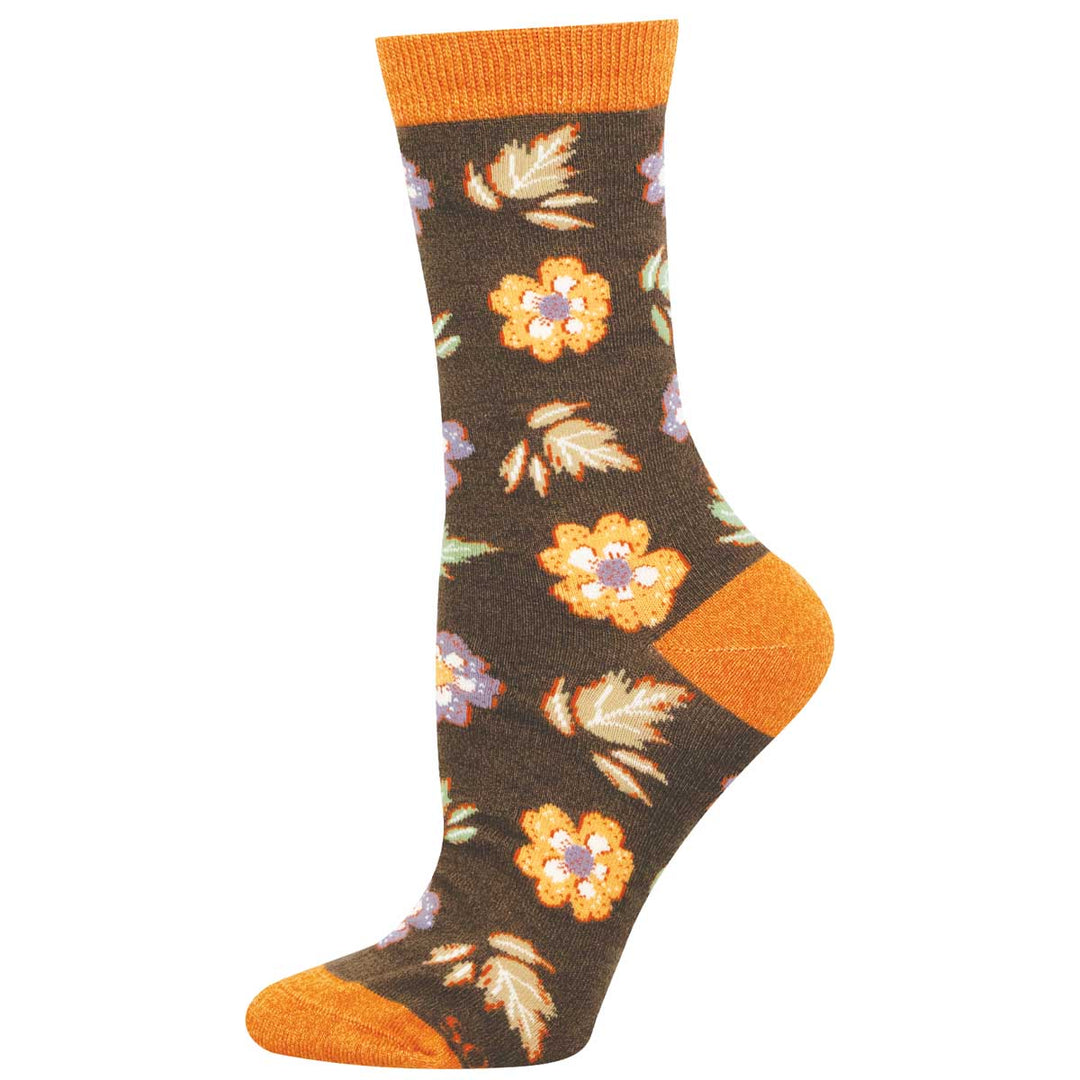 Socksmith Autumn Foliage crew socks in brown heather with orange floral and leaf pattern
