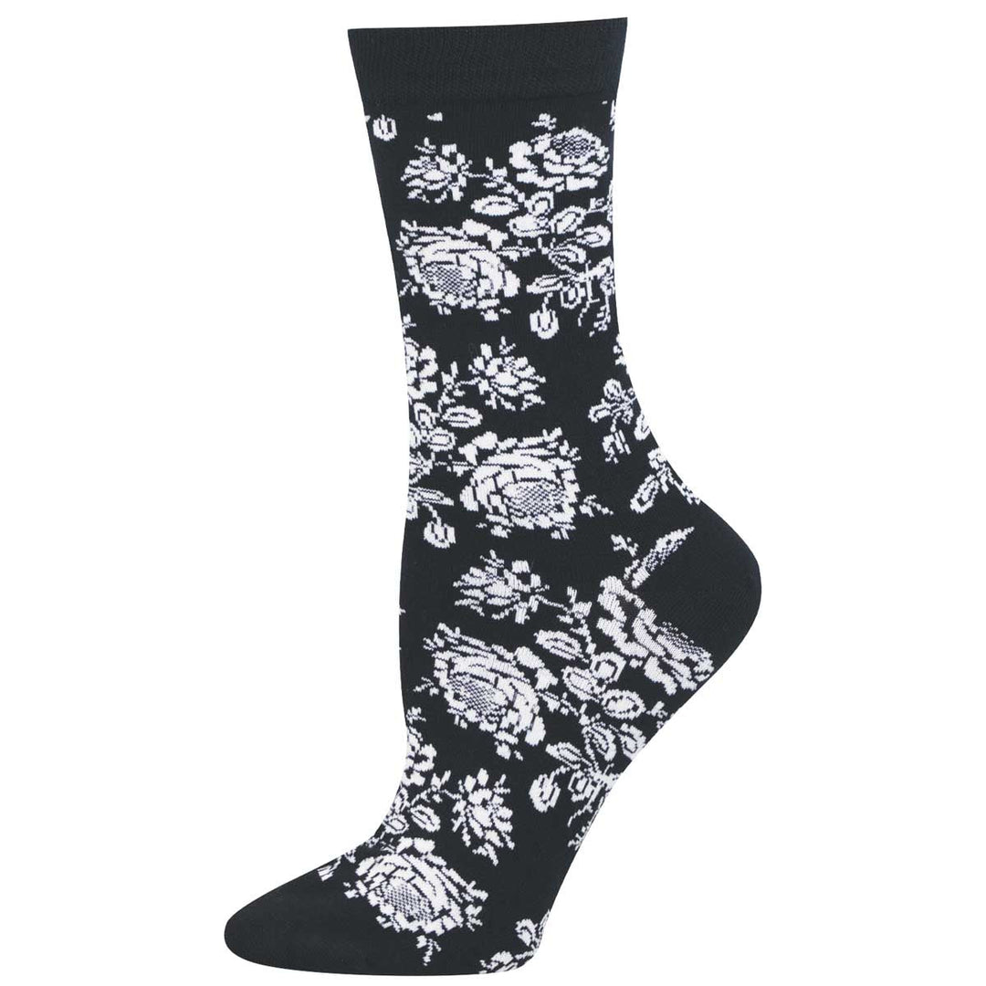 Socksmith Roses crew socks in black with white floral rose pattern throughout