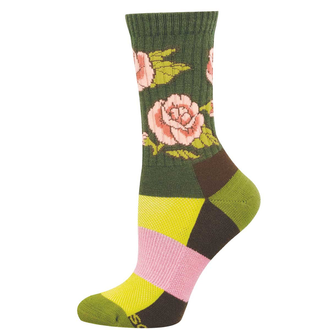 Socksmith Chose The Rose crew socks in green with pink floral pattern and colorblock foot