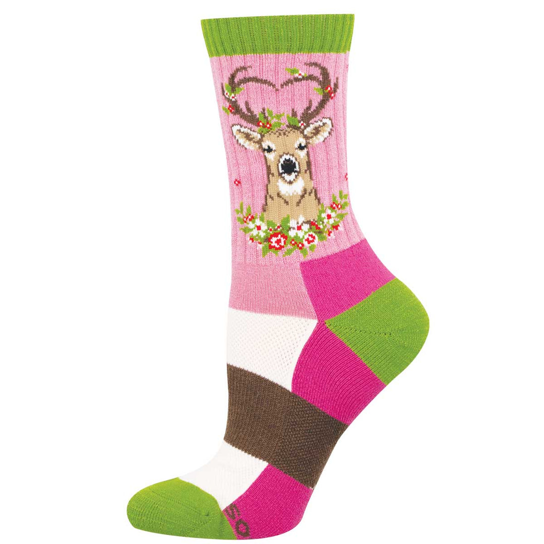 Socksmith Dear Deer pink crew sock featuring floral wreath deer design and colorblock foot
