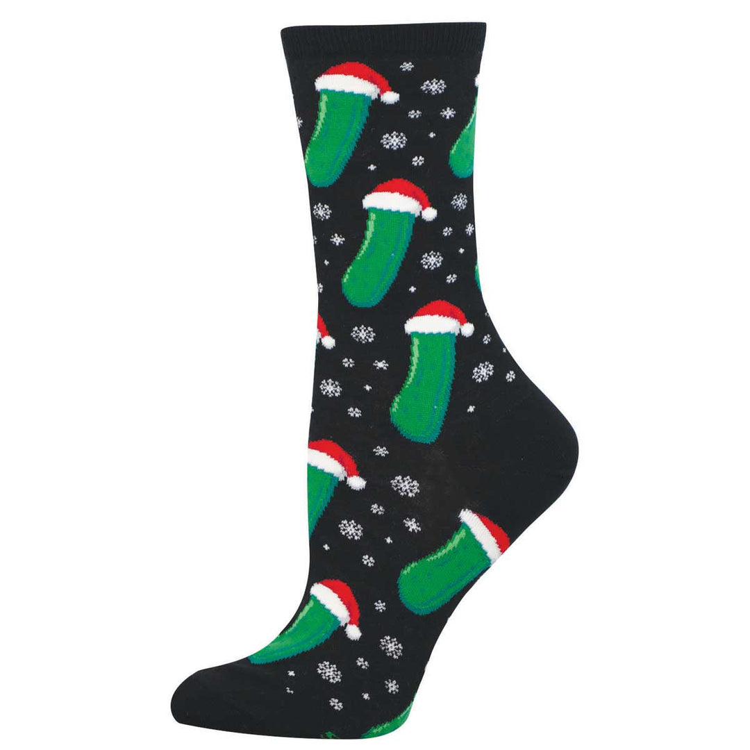 Socksmith Christmas Pickle crew socks in black with festive Santa hat pickle design