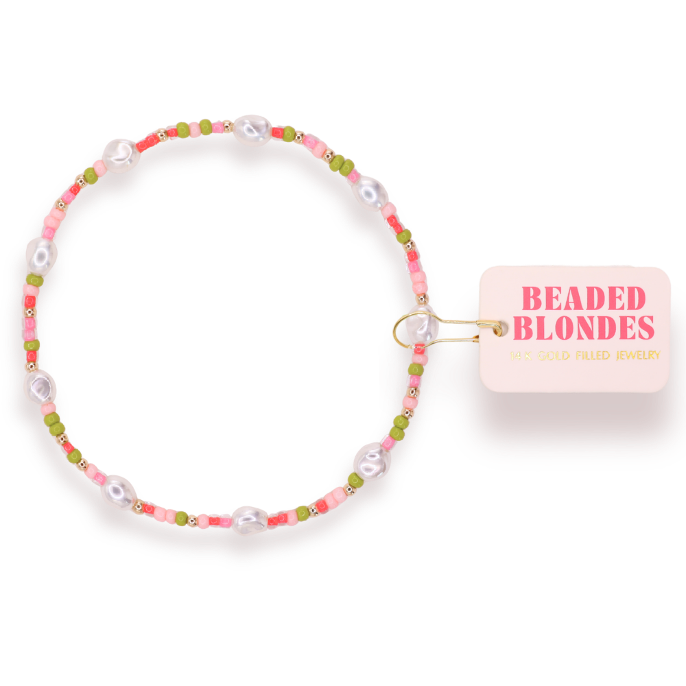 Beaded Blondes Watermelon Sprinkle Pearl Anklet with pink, green beads and freshwater pearls