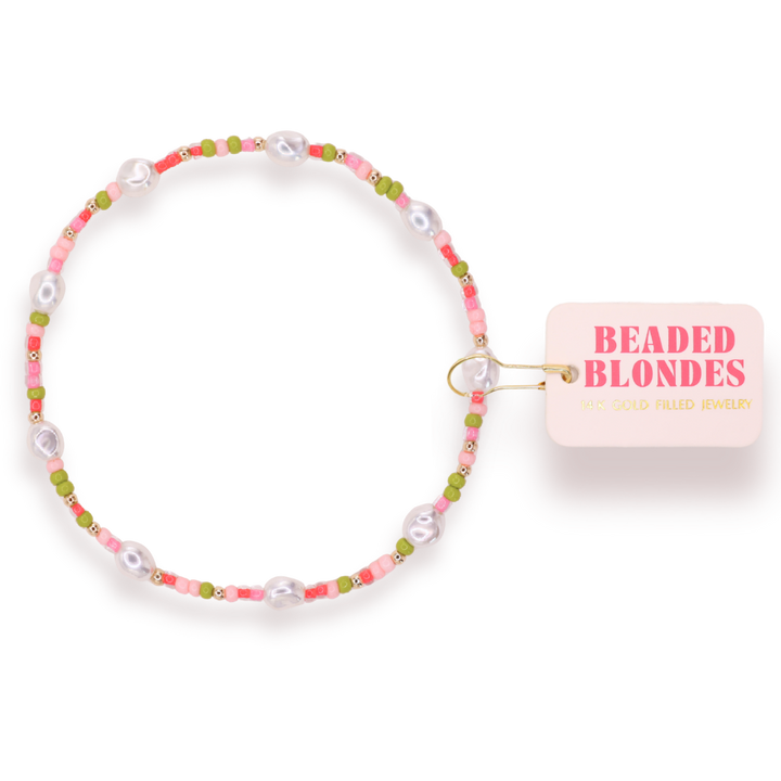Beaded Blondes Watermelon Sprinkle Pearl Anklet with pink, green beads and freshwater pearls