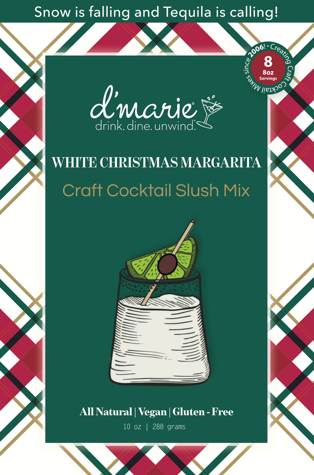 D'Marie White Christmas Margarita Craft Cocktail Slush Mix in festive holiday packaging