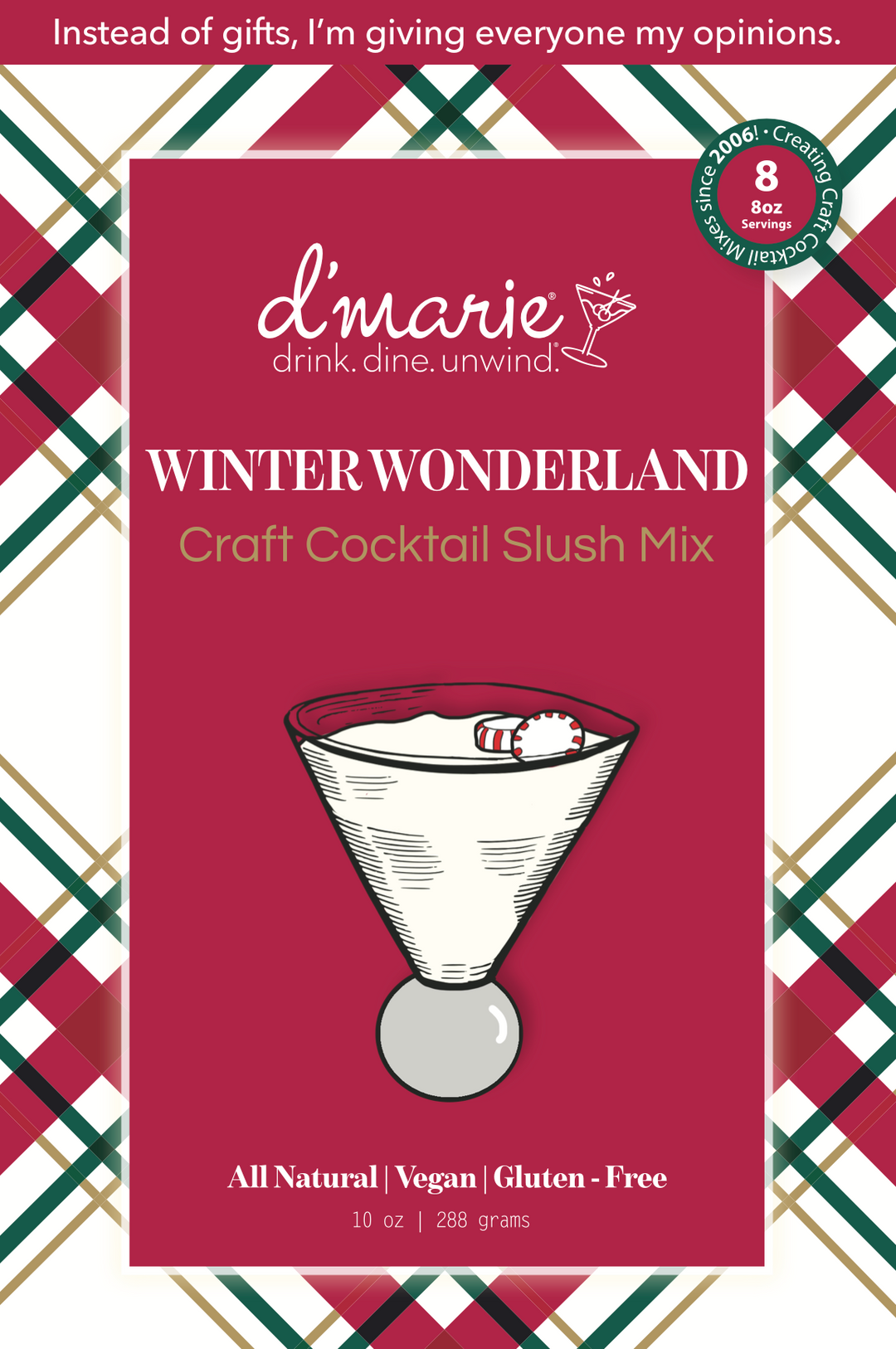 D'Marie Winter Wonderland Craft Cocktail Slush Mix package with festive holiday plaid design