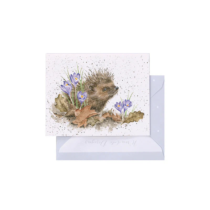 Wrendale New Beginnings Mini Card featuring watercolor hedgehog with purple crocus flowers