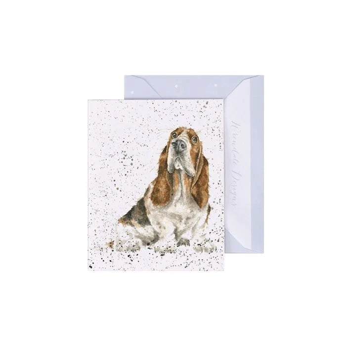 Wrendale mini greeting card featuring watercolor basset hound illustration with speckled background