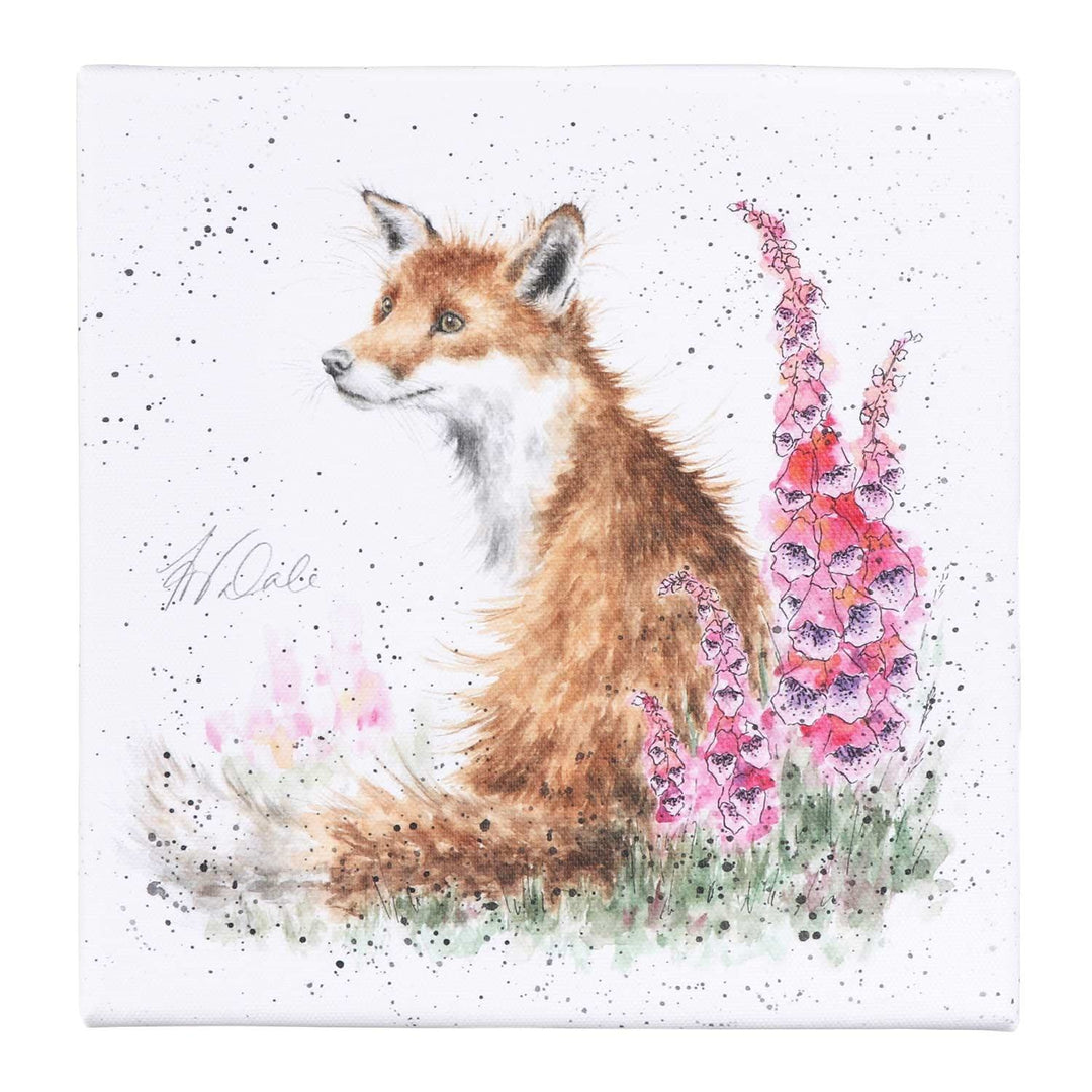 Wrendale Foxgloves Mini Card featuring watercolor fox with pink foxglove flowers on white background