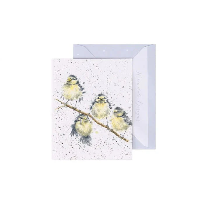 Wrendale mini greeting card featuring four fluffy yellow birds perched on branch with envelope