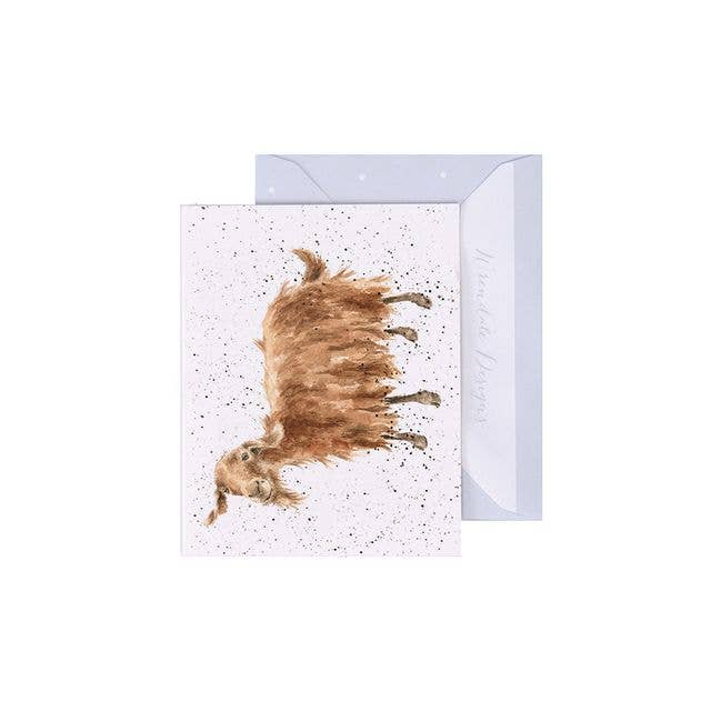 Wrendale mini greeting card featuring watercolor highland cow with flowing hair on speckled background