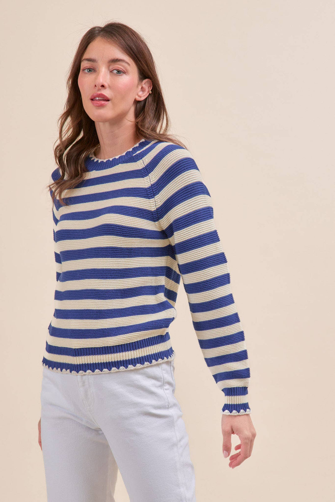 Striped Puff Sleeve Sweater w/ Contrast Stitch
