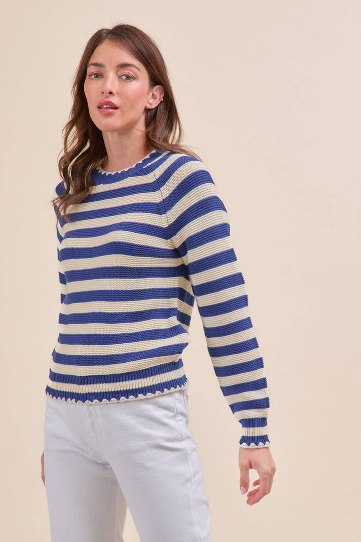 Striped Puff Sleeve Sweater w/ Contrast Stitch