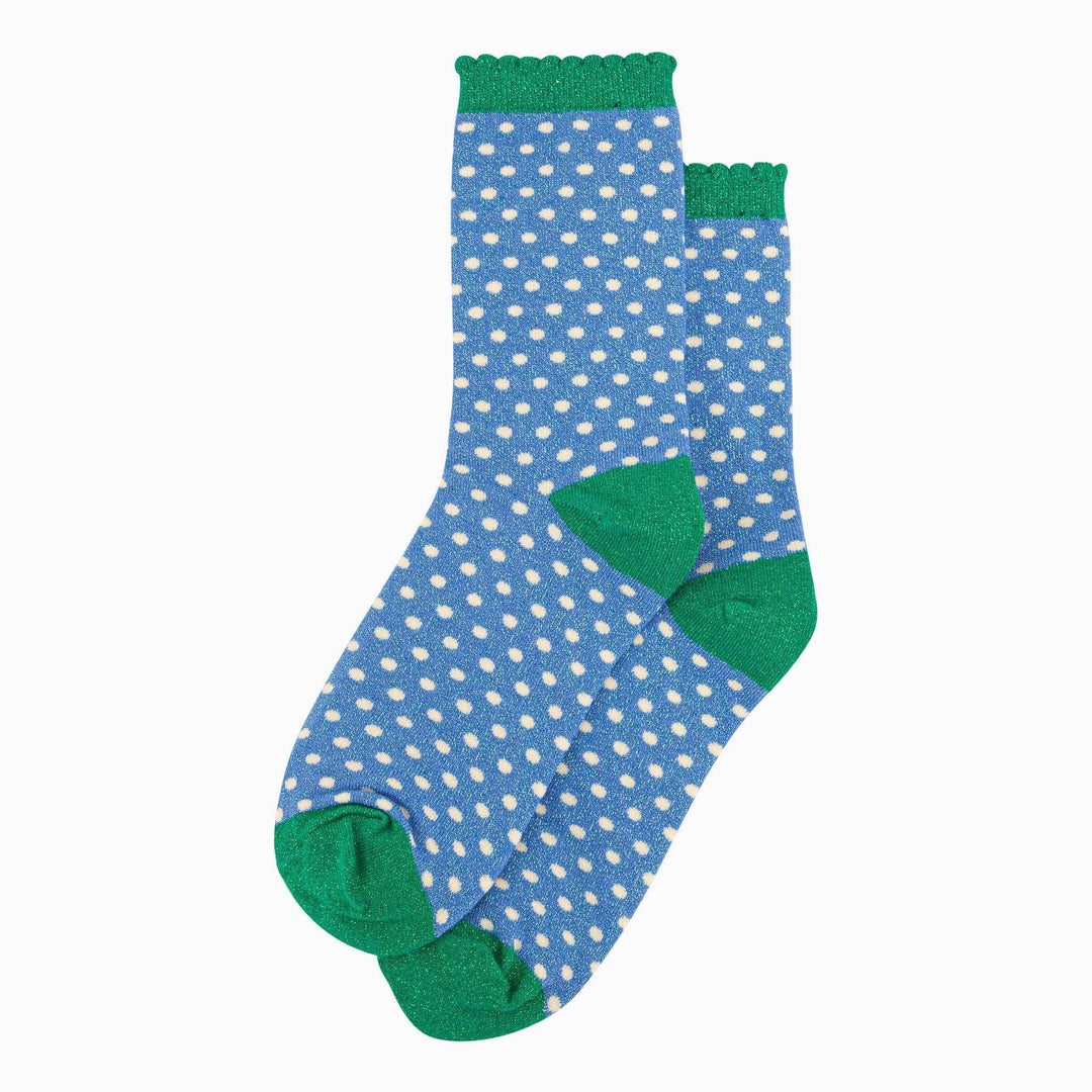 Blue glitter polka dot ankle socks with green scalloped cuff, heel, and toe